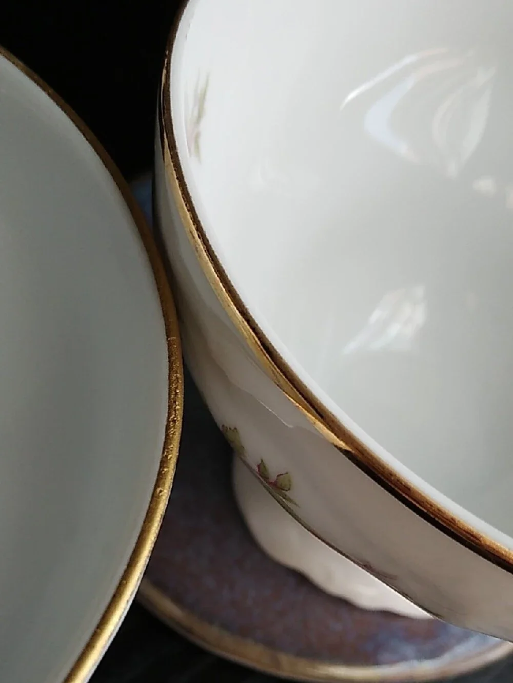 Johann Haviland Vintage White Porcelain Teacups with Pink Rose Motif Gold Trim
